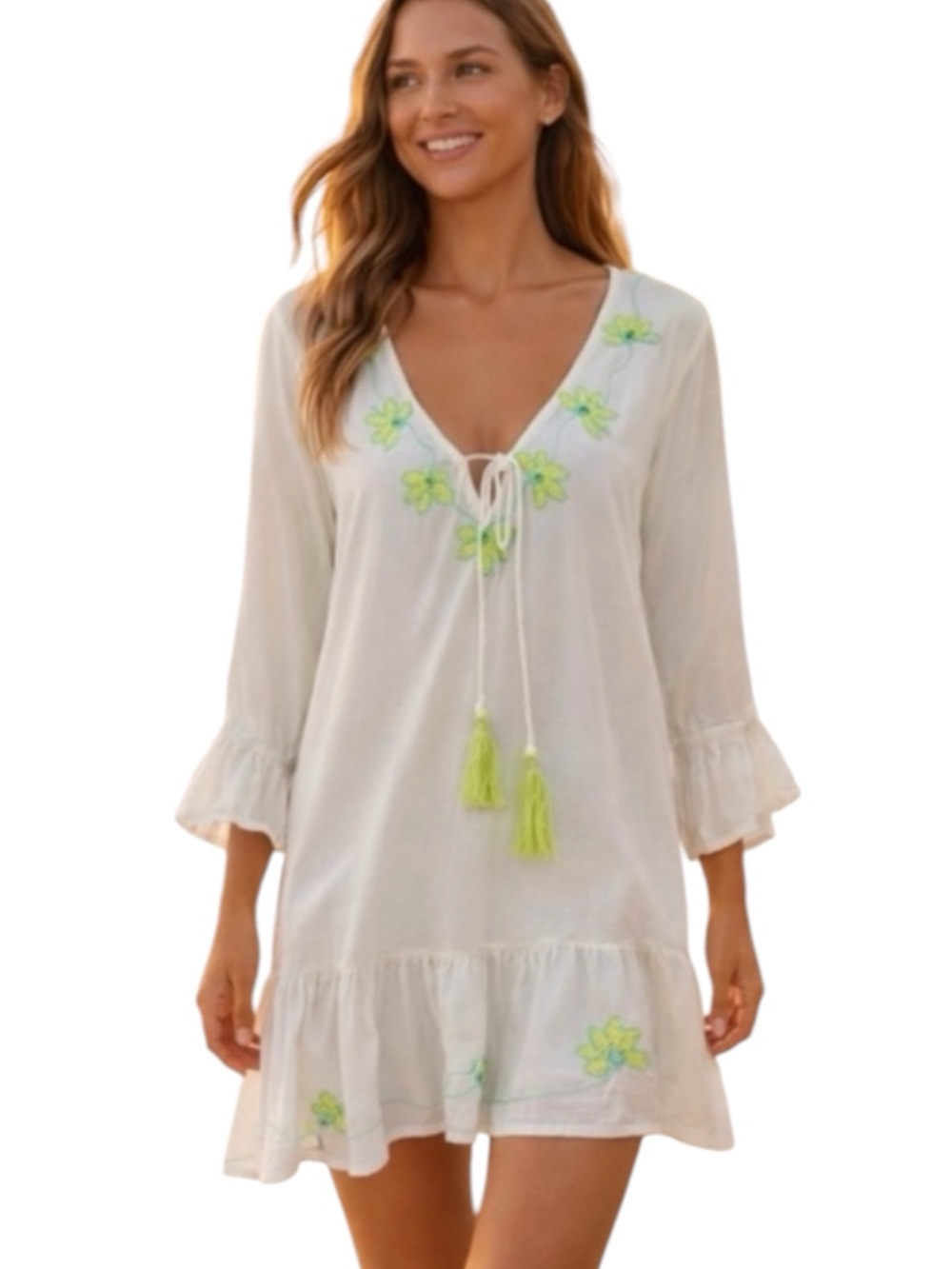 Boho Embroidered Tunic Dress White Resort Coverup Tassel S